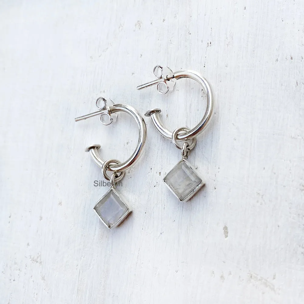 Rainbow Moonstone Hoop Silver Earring