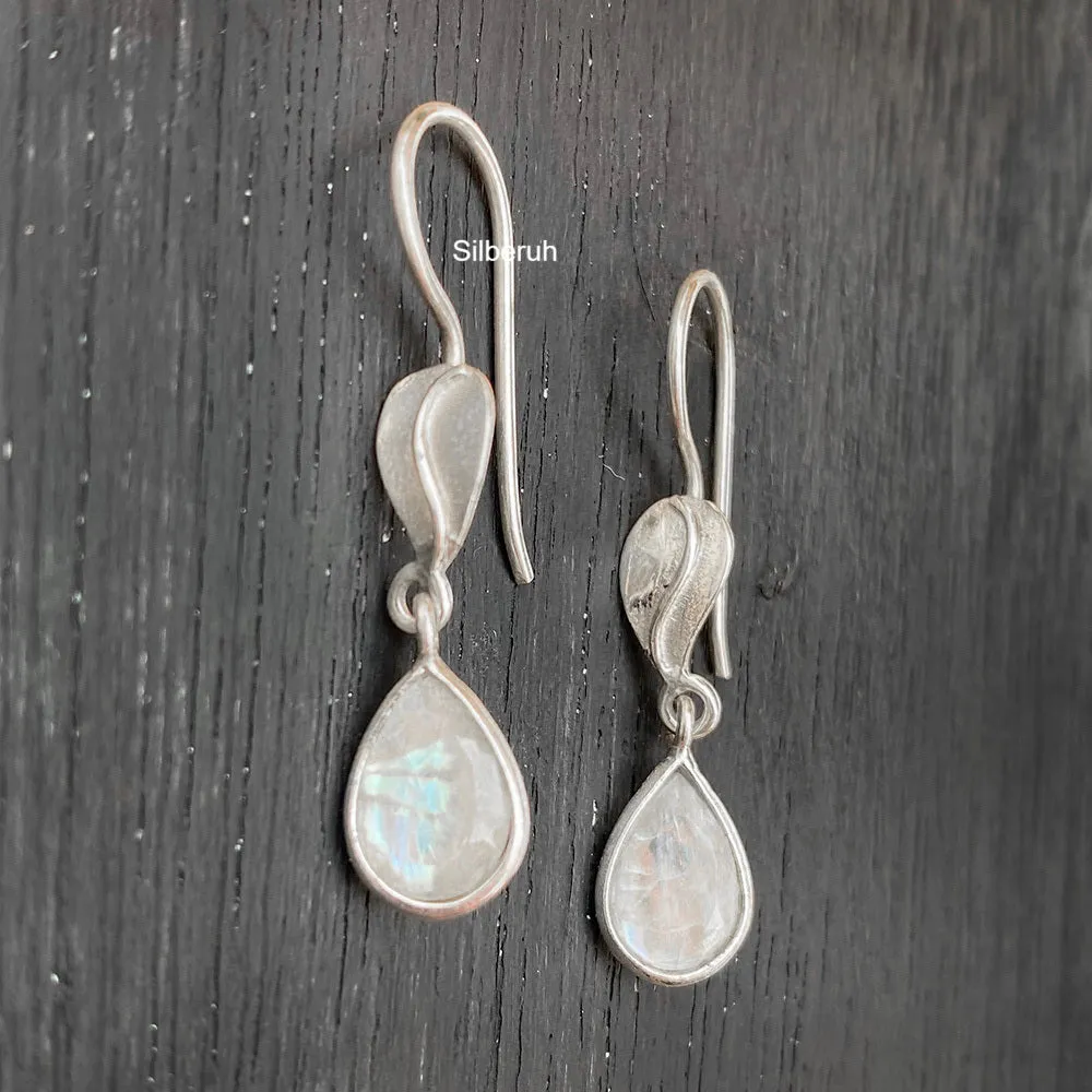 Rainbow Moonstone Leaf Silver Earring