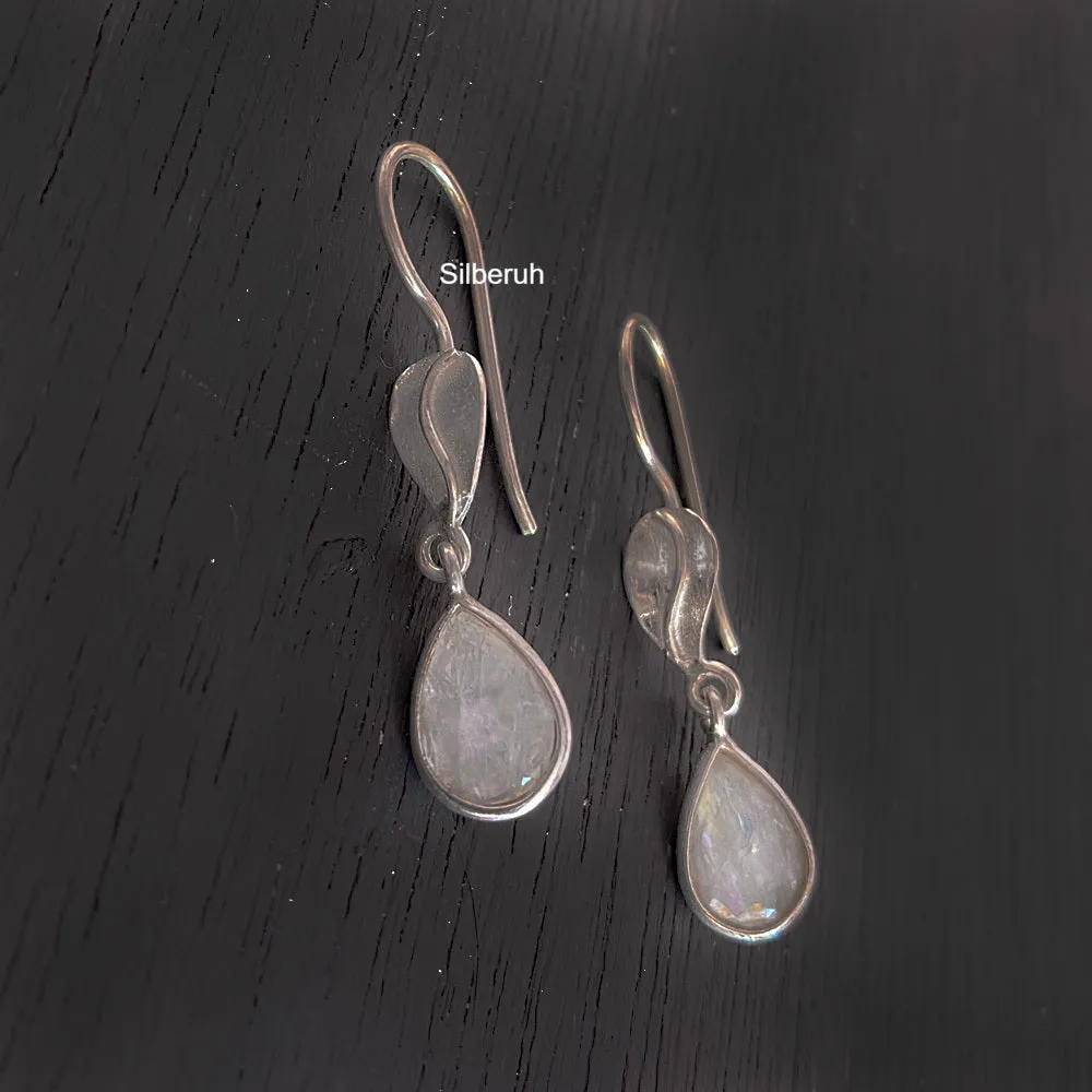 Rainbow Moonstone Leaf Silver Earring