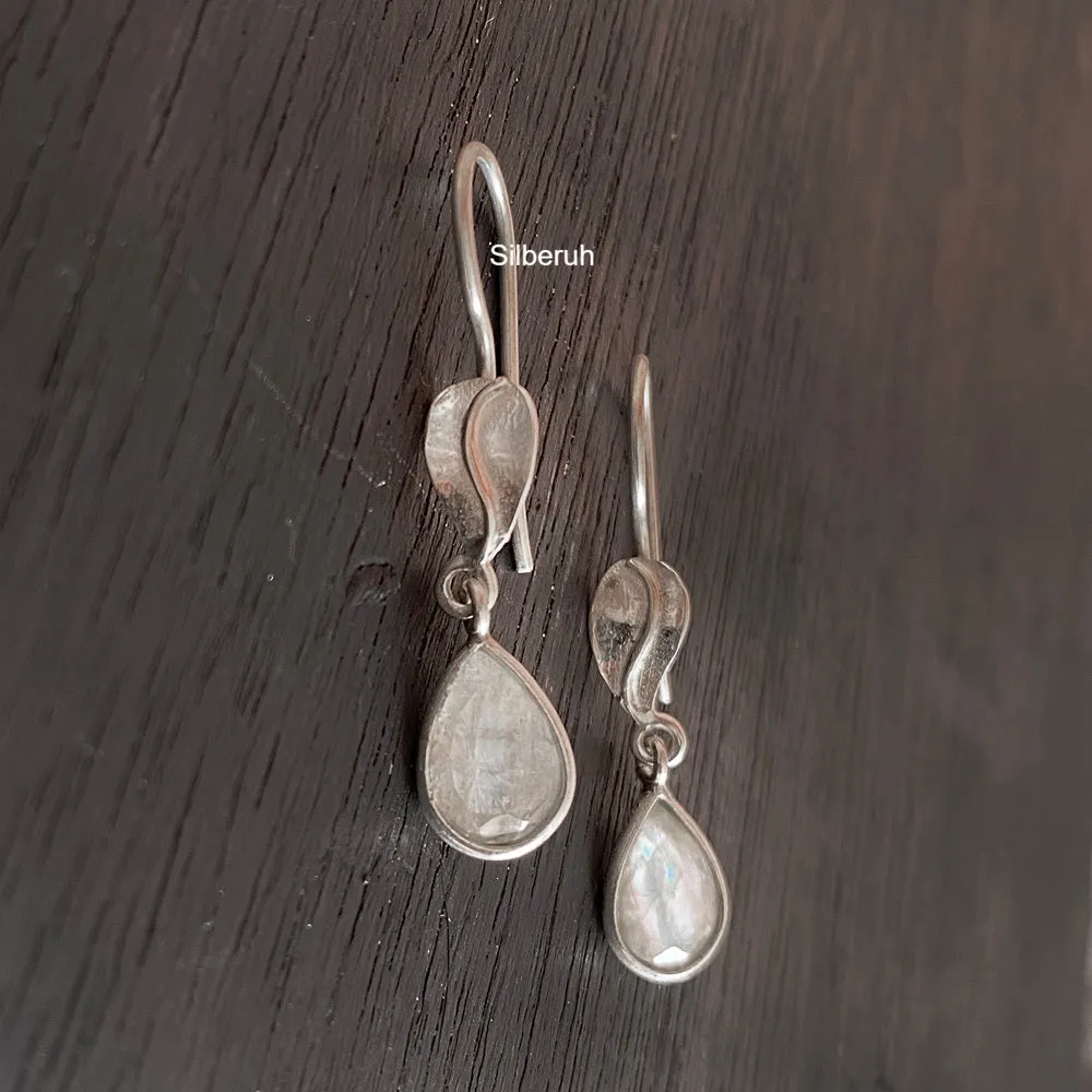 Rainbow Moonstone Leaf Silver Earring