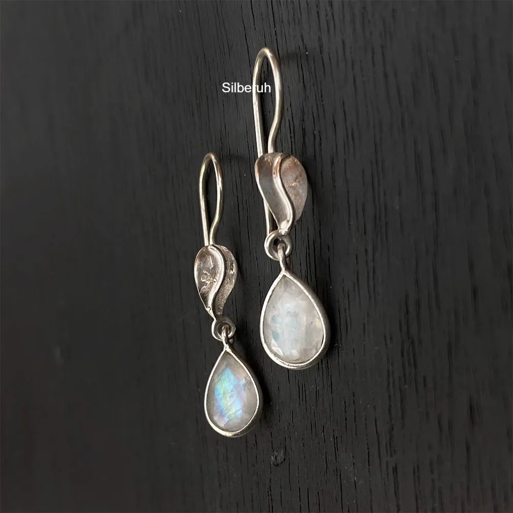 Rainbow Moonstone Leaf Silver Earring