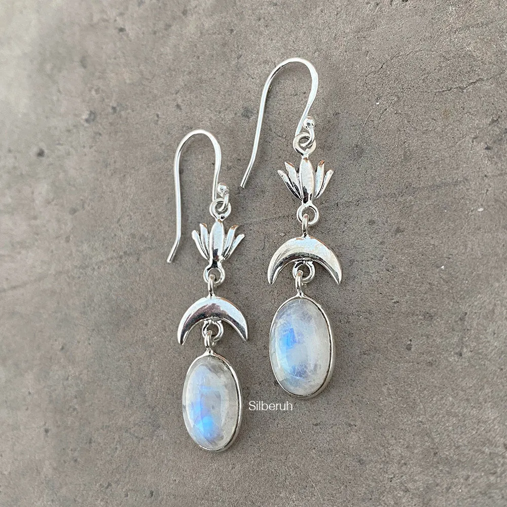 Rainbow Moonstone Lotus Silver Earring