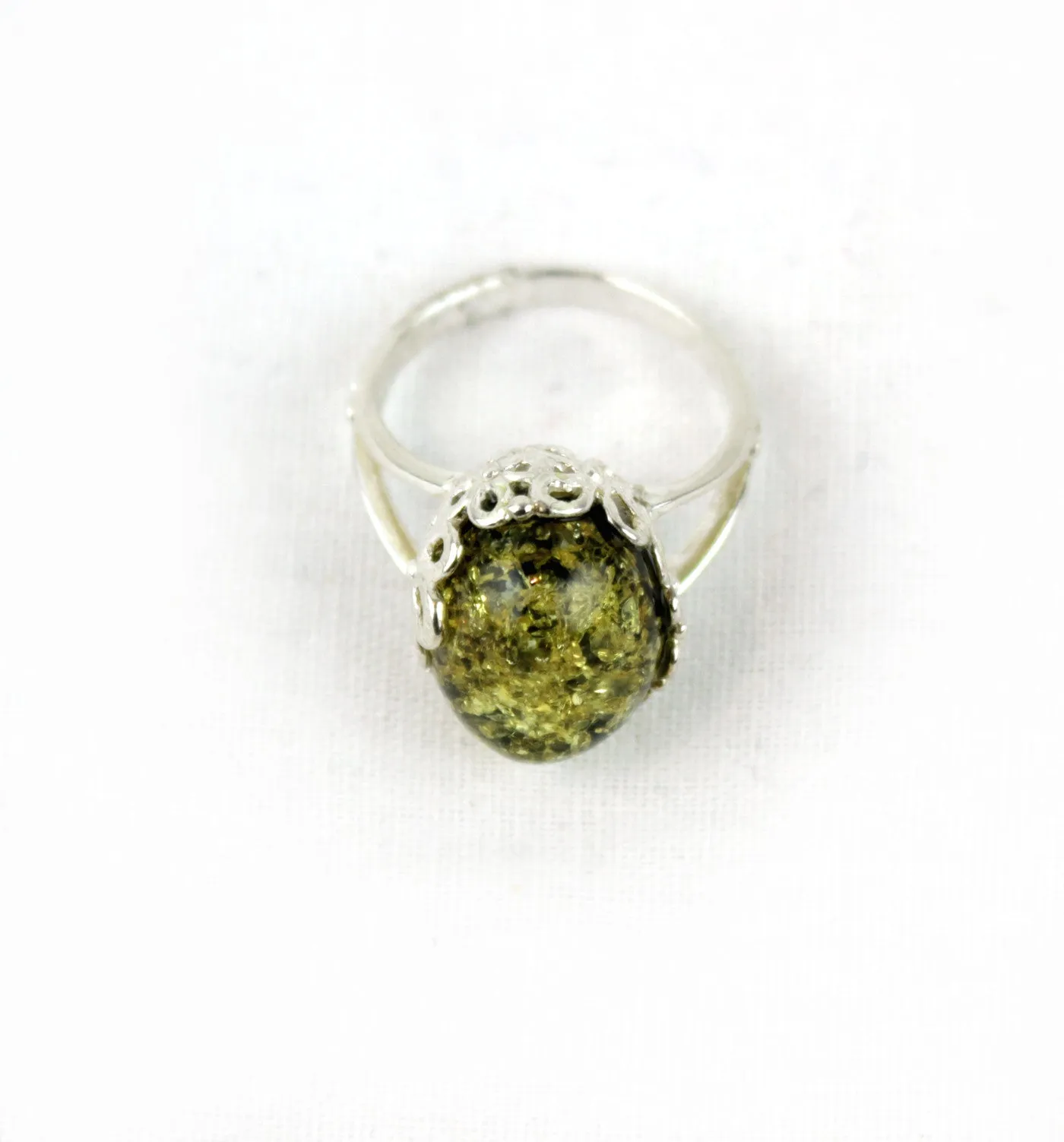 Sterling Silver Genuine Green Amber Amulet Ring