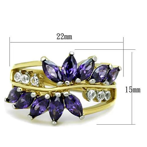 Two-Tone IP Gold (Ion Plating) Stainless Steel Ring with AAA Grade CZ in Amethyst for Women Style TK1568