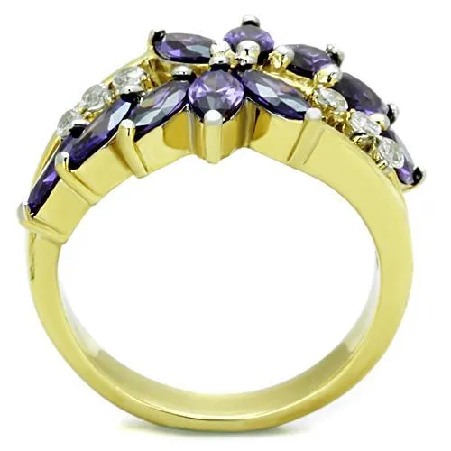 Two-Tone IP Gold (Ion Plating) Stainless Steel Ring with AAA Grade CZ in Amethyst for Women Style TK1568