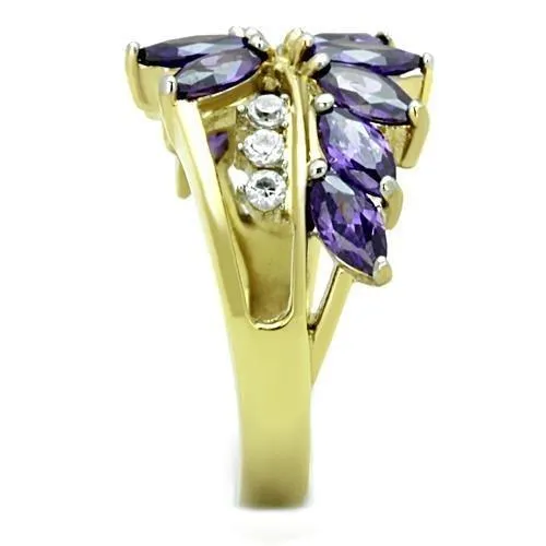 Two-Tone IP Gold (Ion Plating) Stainless Steel Ring with AAA Grade CZ in Amethyst for Women Style TK1568